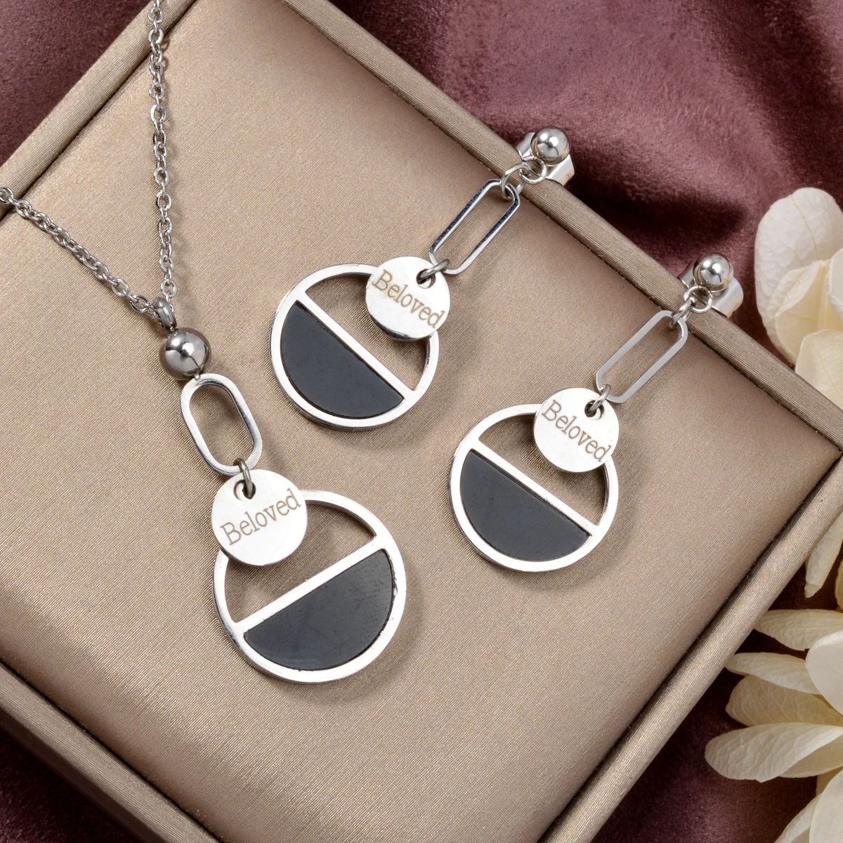 Fashion Jewelry Sets Beloved Necklace Stainless Steel Round Charms Earrings for Women Trendy Luxury Pendant Female Girl