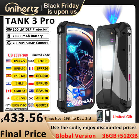 Magazzino US EU MX Unihertz Tank 3 Pro 8849 con telefono proiettore 5G da 100 lumen, 32 GB/36 GB di RAM, 512 GB di ROM, 23800 mAh 120 W, 200 MP, NFC
