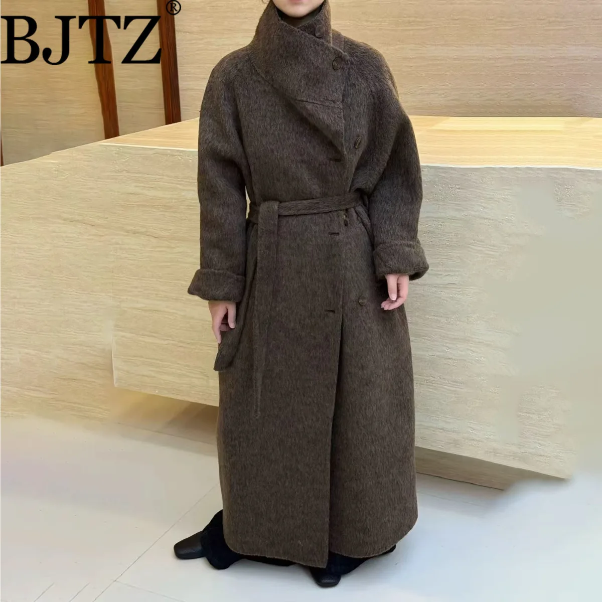 BJTZ Lace-up Tie-waist Single Breasted Long Woolen Coat For Woman 2025 Winter New Loose Versatile Office Lady Temperament Jacket