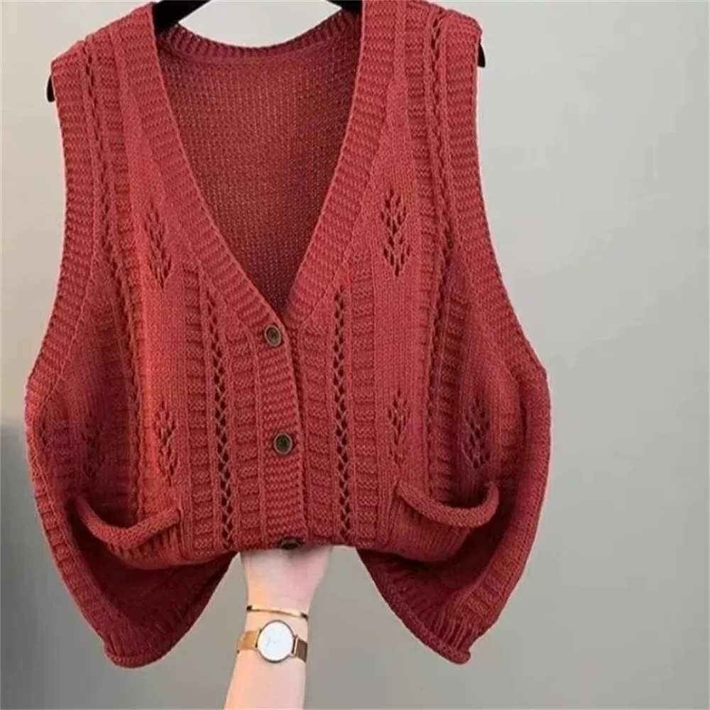 

2025 корейский повседневный свитер, женский жилет с v-образным вырезом, однотонный ажурный вязаный жилет, уличное пальто, модная женская одежда, топы