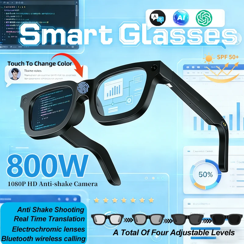 

AI Smart Glasses 800W HD Camera Electrochromic Lenses AI Voice Assistant Real-time Bluetooth Translation Call Smart Glasses