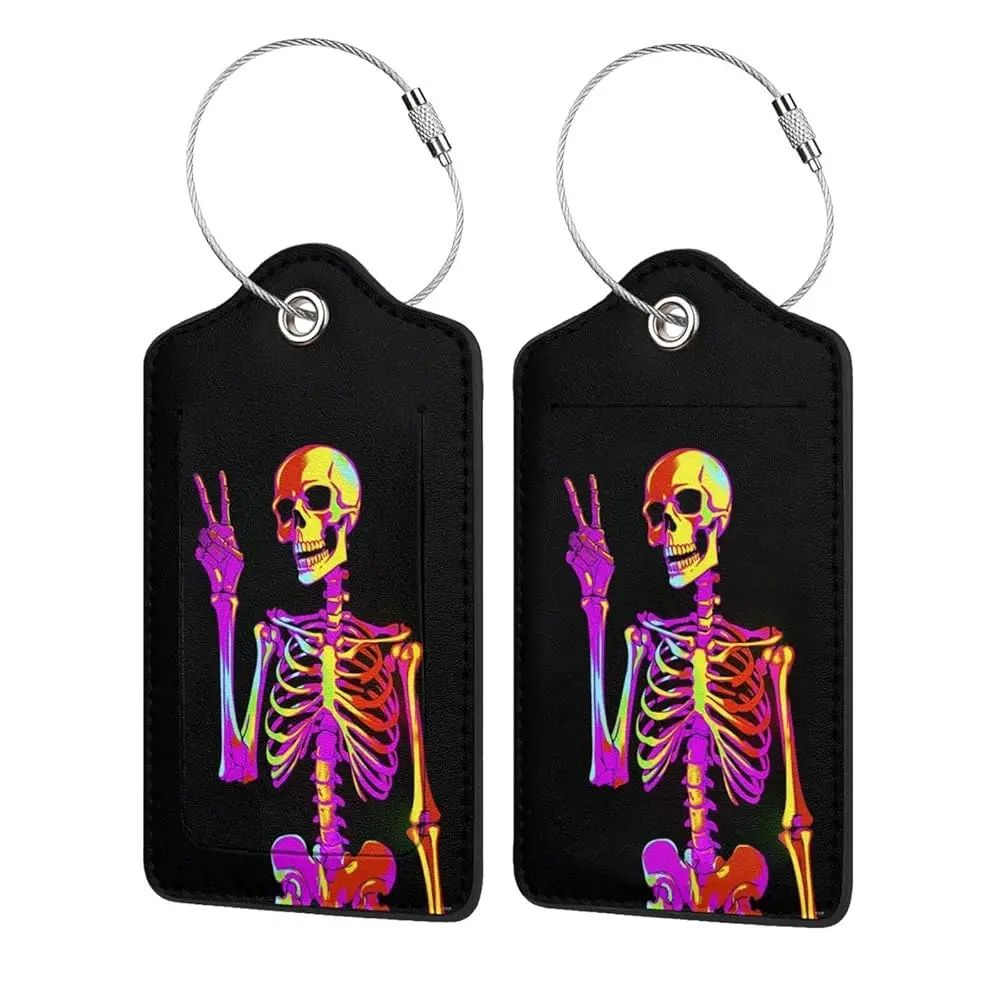

2 Pack Luggage Tags for suitcases Colorful Skull Skeleton TSA Approved Label Luggage Tag Baggage Tag Leather Stainless Steel