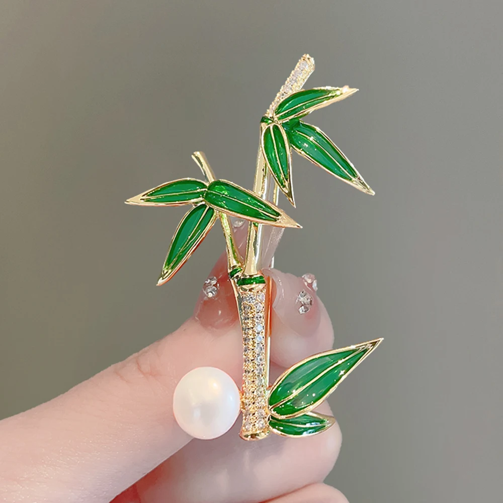 Elegant Creative Crystal Pearl Bamboo Leaf Women's Brooches Vintage Plant Crystal Enamel Pin Badges Corsage For Lady