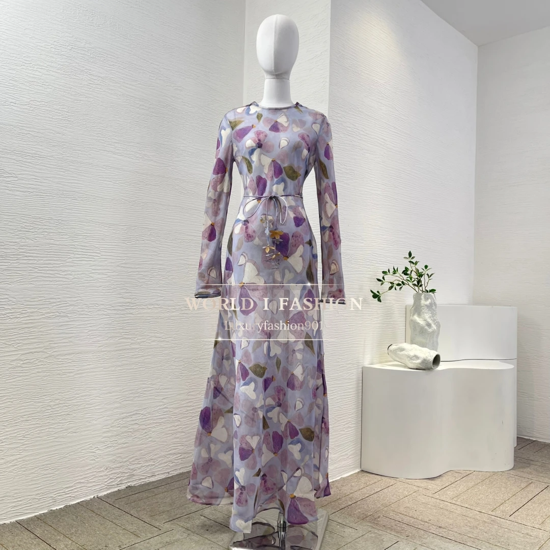 

Linen Silk 2025 Violet Full Sleeve Spring Summer High Quality Floral Print Women Maxi Long Dress for Holiday