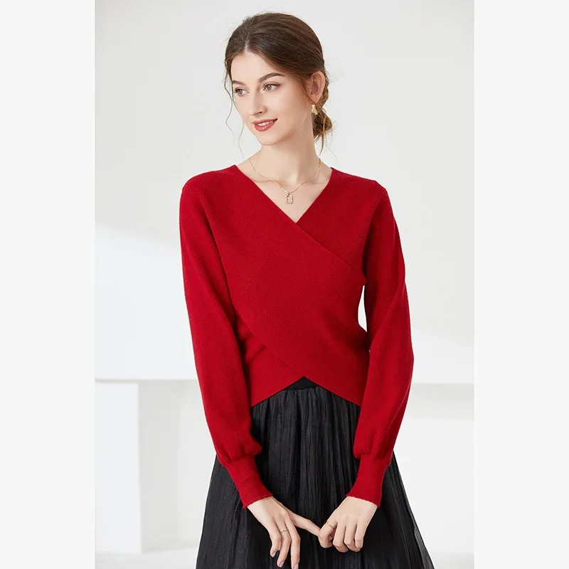 Criss-Cross Women's Knitting Sweater Female Elegant Solid V-neck Pullovers Autumn Sweet Office Lady Loose Women's Clothing