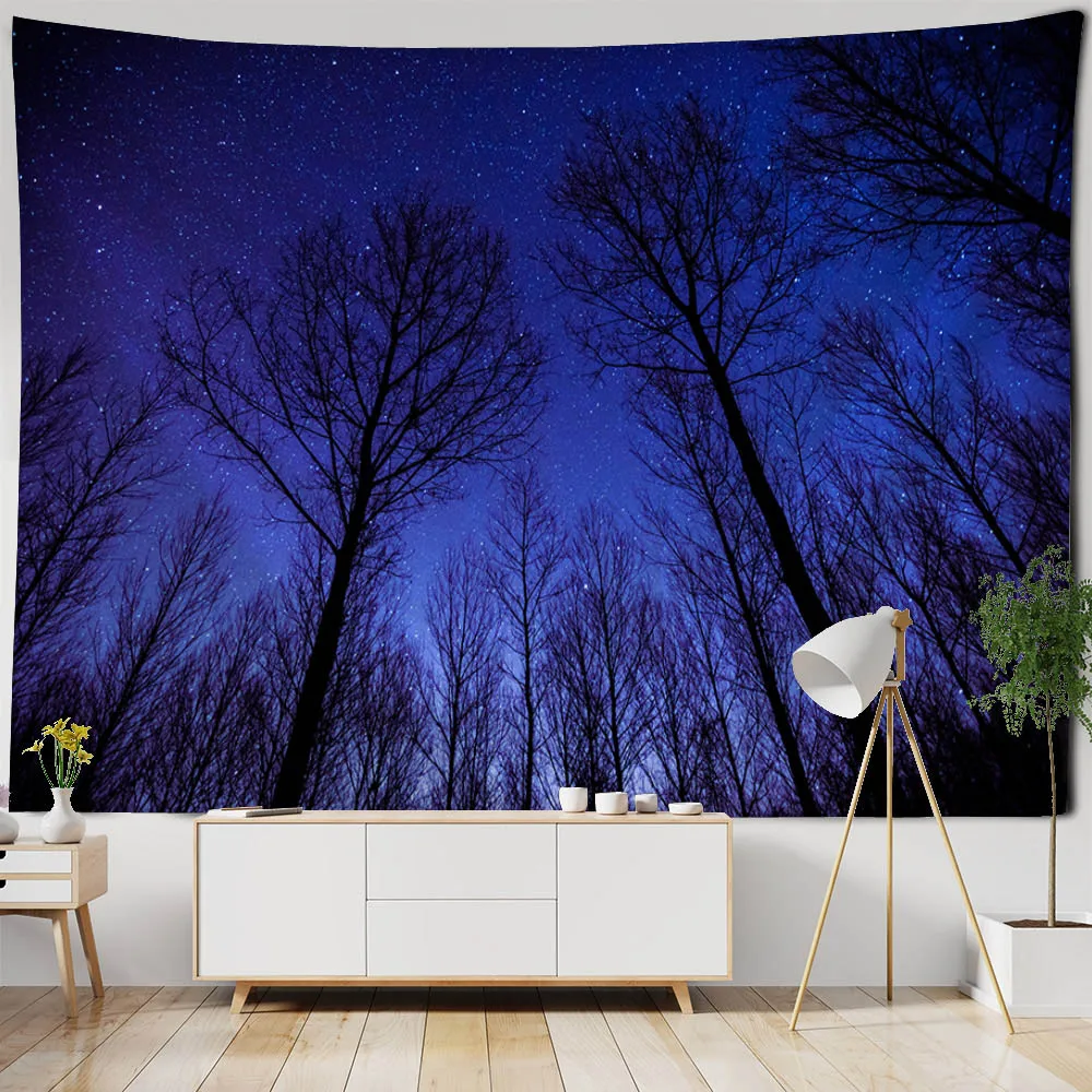 Forest night sky tapestry, starry sky landscape, home decoration wall hanging cloth, hippies, Bohemia, room art decoration