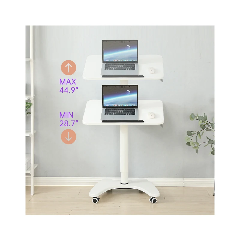 One-touch Manual Rolling Presentation Cart Stand up Pneumatic Lifting Lecture Table Mobile Standing Desk With Tiltable Desktop