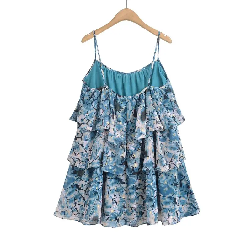 Verão 2024 f curto impro sem costas em camadas decorativa vestido de alça estilo de deslocamento sem mangas decote ...