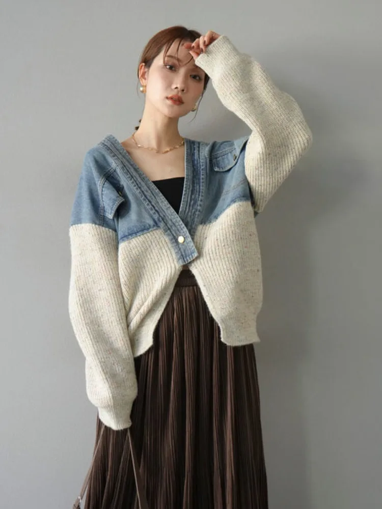 

Vintage One-Button Knitted Denim Jaet Women's Autumn Winter V-Ne Color Blo Design Versatile Basic Top Korean Sle