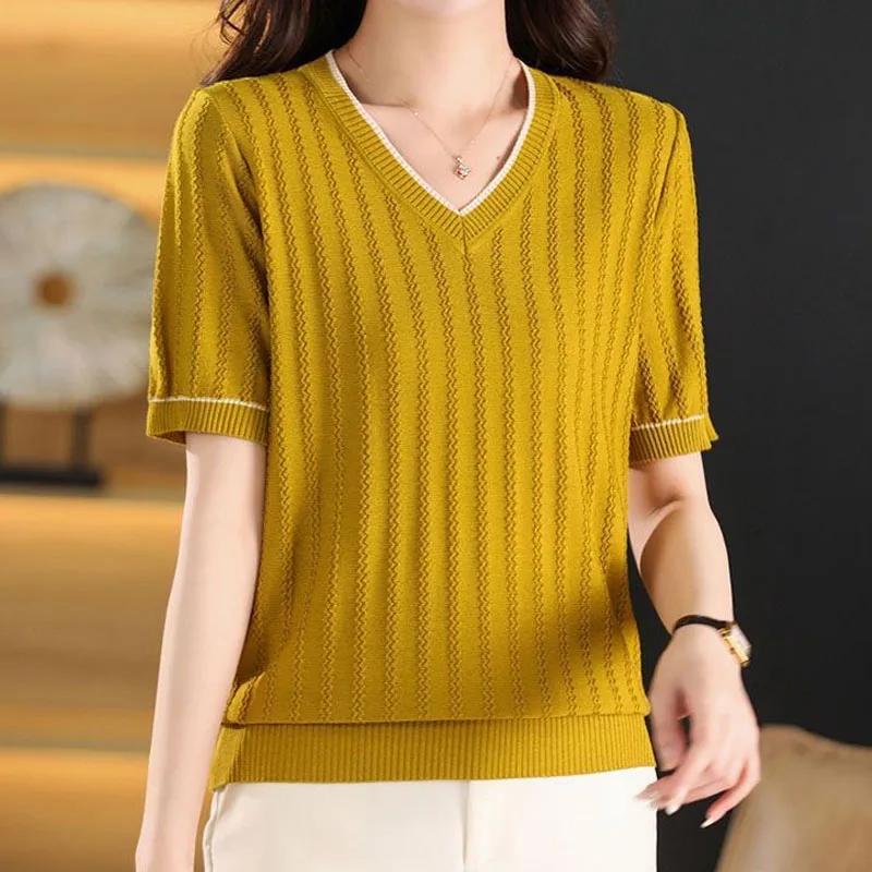 Female Simplicity Commute Short Sleeve Knitted Tops Summer Fashion All-match Solid V-Neck Pullovers T-shirt Women\'s Clothing