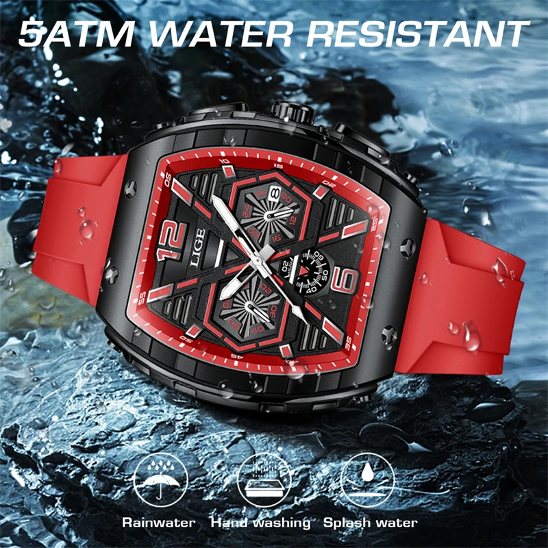 LIGE Men Watch Fashion Red Silicone Tonneau Sports Chronograph Quartz Wristwatch Casual Waterproof Watches For Men Reloj Hombre