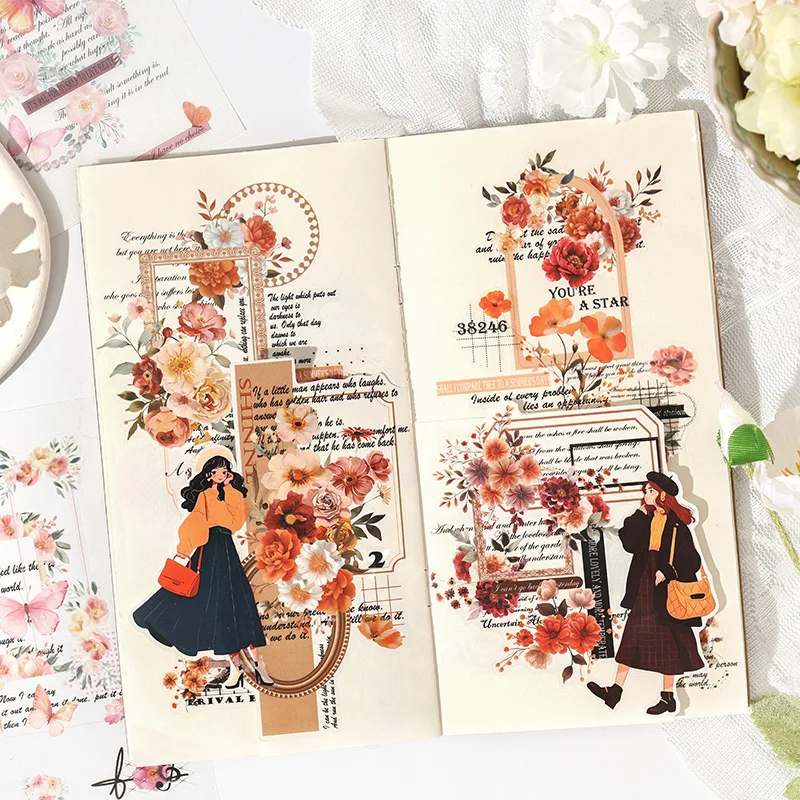 JIANWU Flower Weave Dream Series Vintage Floral Film Label Sticker Book Creative DIY Journal Material Collage Stationery