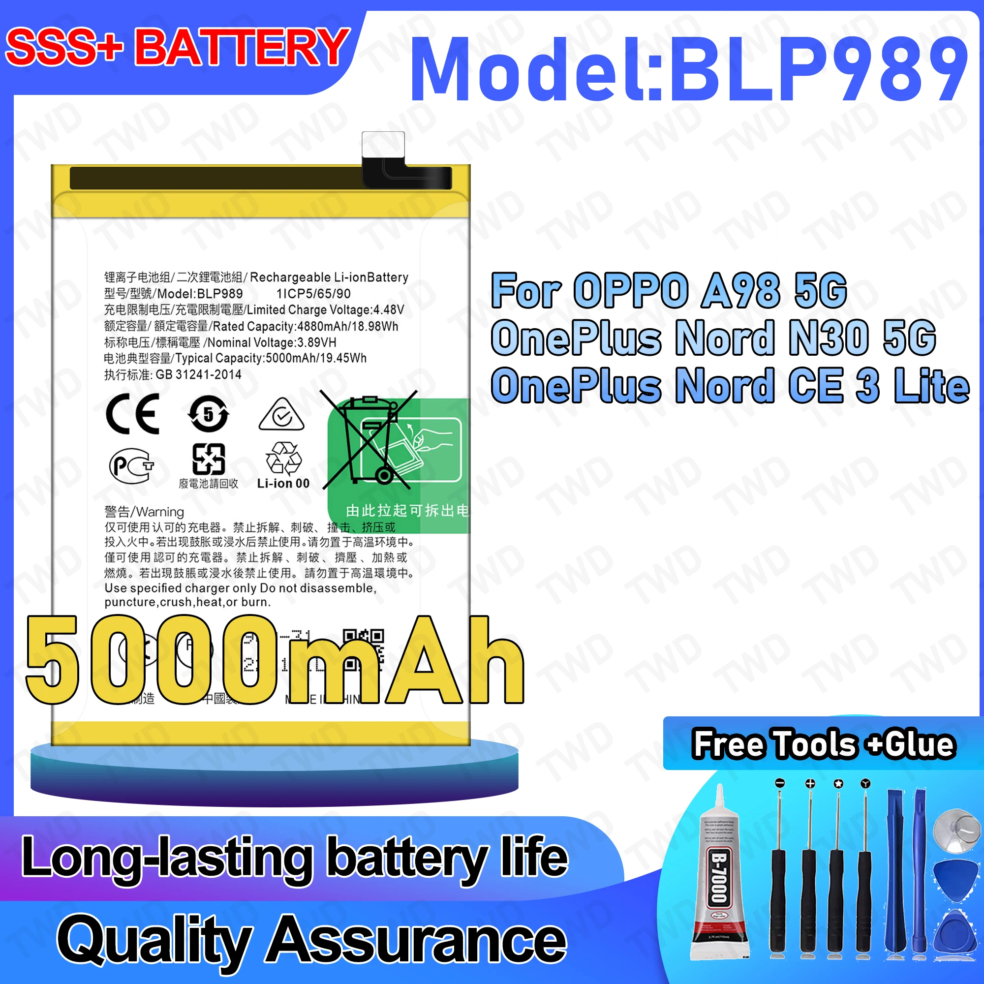 

BLP989 Large capacity 5000mAh Battery For OPPO A98 5G/OnePlus Nord N30 5G Batteries New High Quanlity+Free Tools