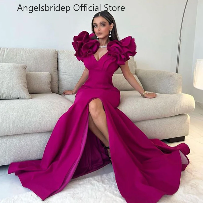 

Angelsbridep Satin Prom Dresses Deep Fushsia V-neck Mermaid Evening Gowns Sexy Leg Slit Party Dress Vestidos De Ocasión Formales