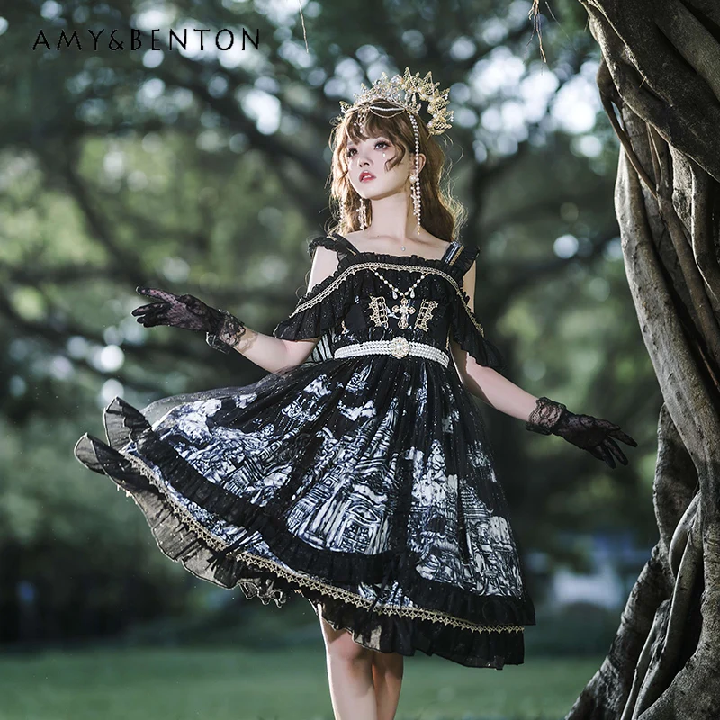 

Summer 2025 New Lolita Princess Dress Halloween Costume Dark Gothic JSK Girls Adult Suspender Printed Premium Textured Dress