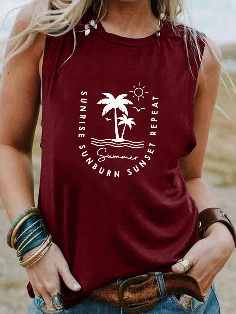 Sunrise Sunset New Arrival Beach Vacation Sleeveless Tshirt Women Funny Summer Casual Sleeveless Top Travel Tee Vacay Shirt