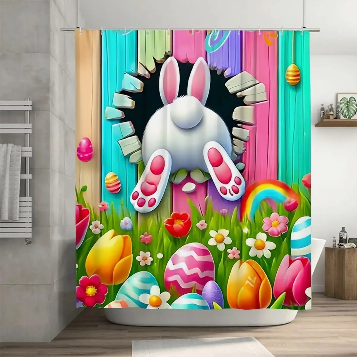 

Easter Bunny Shower Curtain Set, Spring Bathroom Decor, Washable Durable Fabric, 72x72 Inches