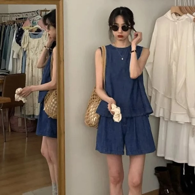 Summer Sleeveless Denim Vest Short Sets for Women 2 Pieces Dark Blue Loose Casual Woman Shorts New Features of Matching Outfits