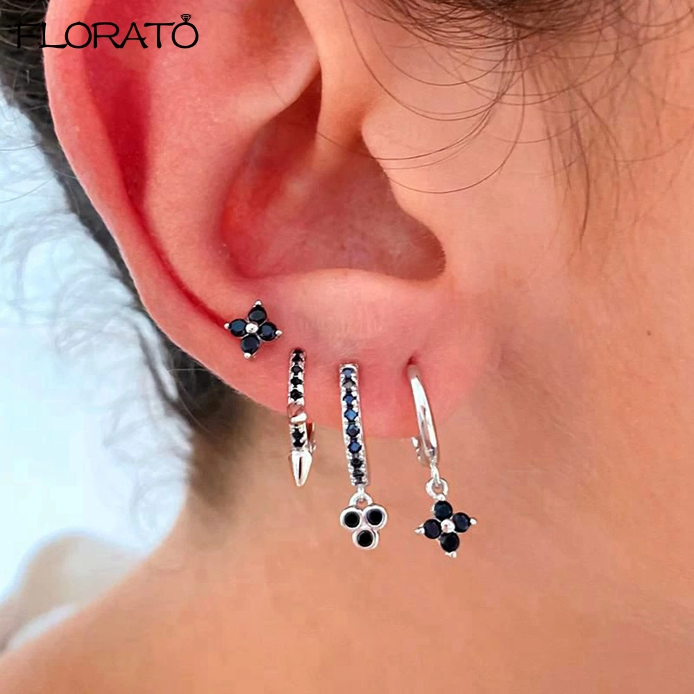 2025 New Gothic Cross Black Drill Drop Earrings 925 Sterling Silver Needle Small Hoop Earrings for Women Punk Piercing Jewelry