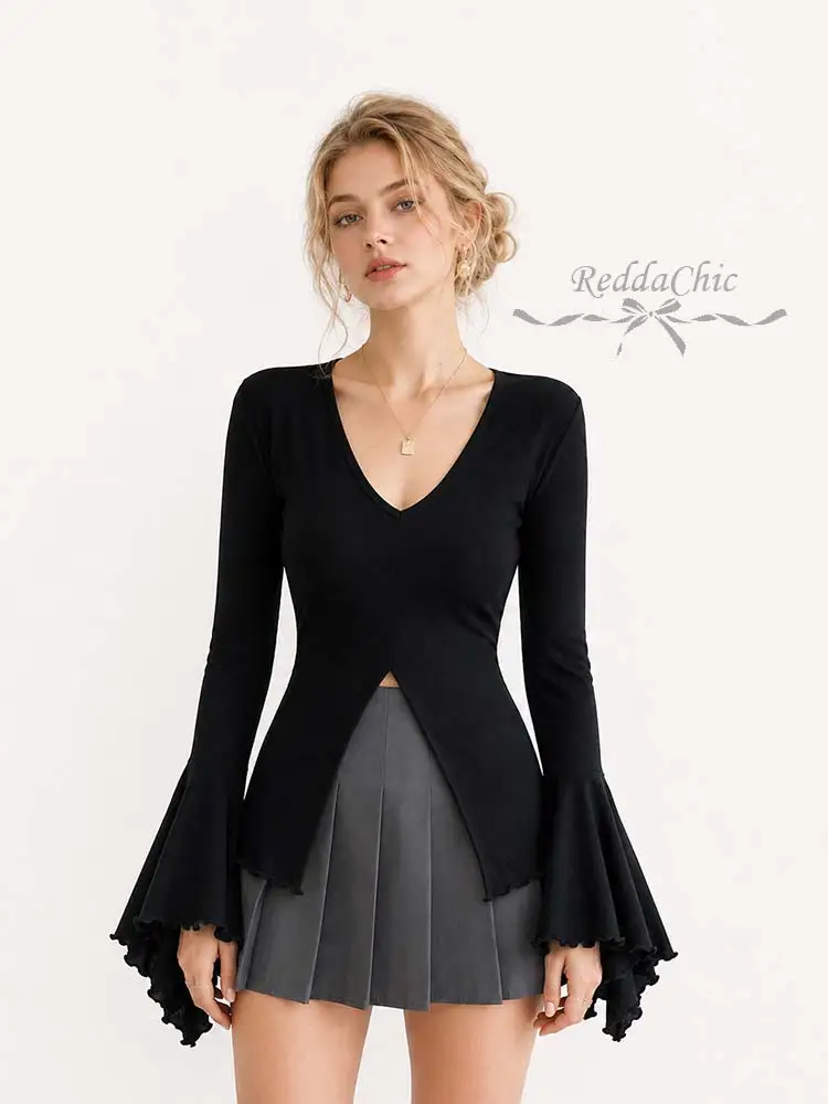 REDDACHiC Basic Bell Long Sleeve T-shirt Women Sexy Black Plain Stretchy V-neck Slim Split Smocking Top New In Autumn Clothes