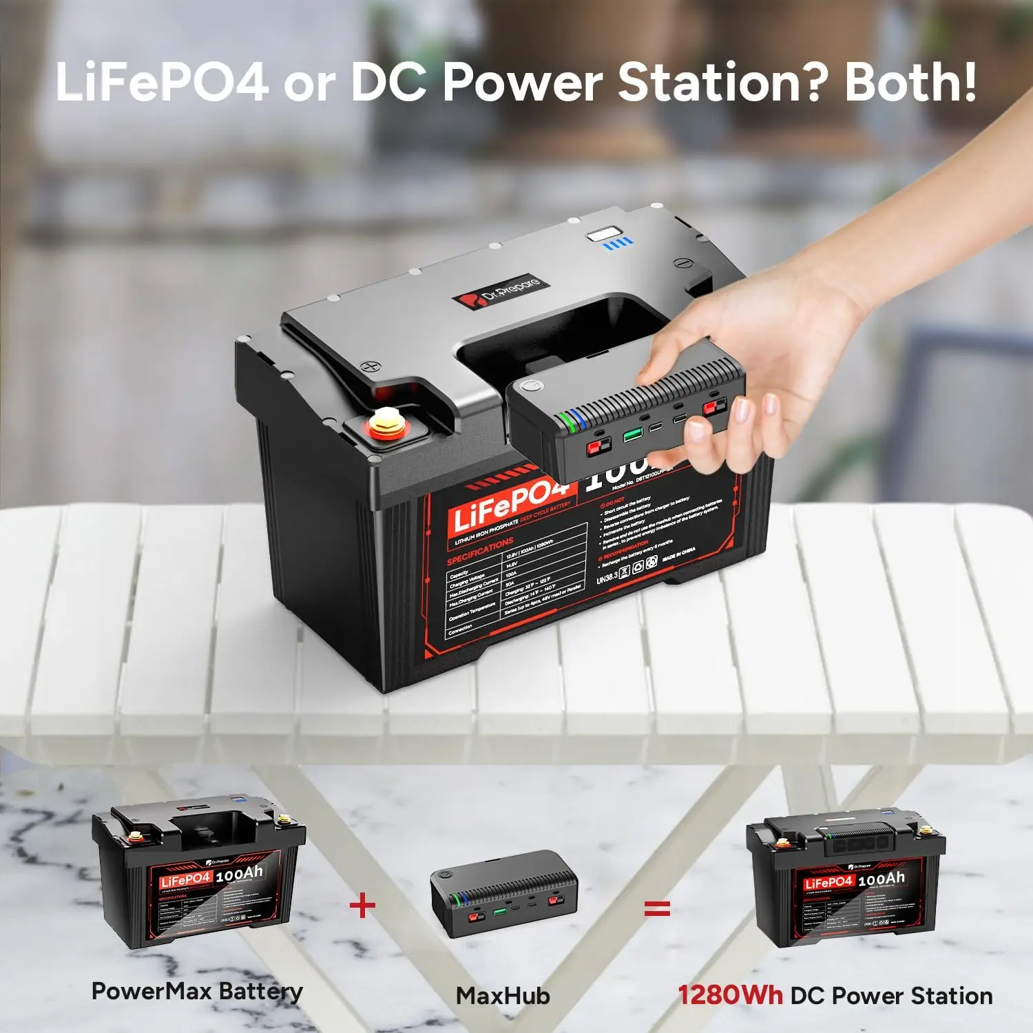 1280Wh Portable Power Station Solar Powered Battery, 12V 100Ah LiFePO4 Battery with Hub, Battery Backup Power Supply