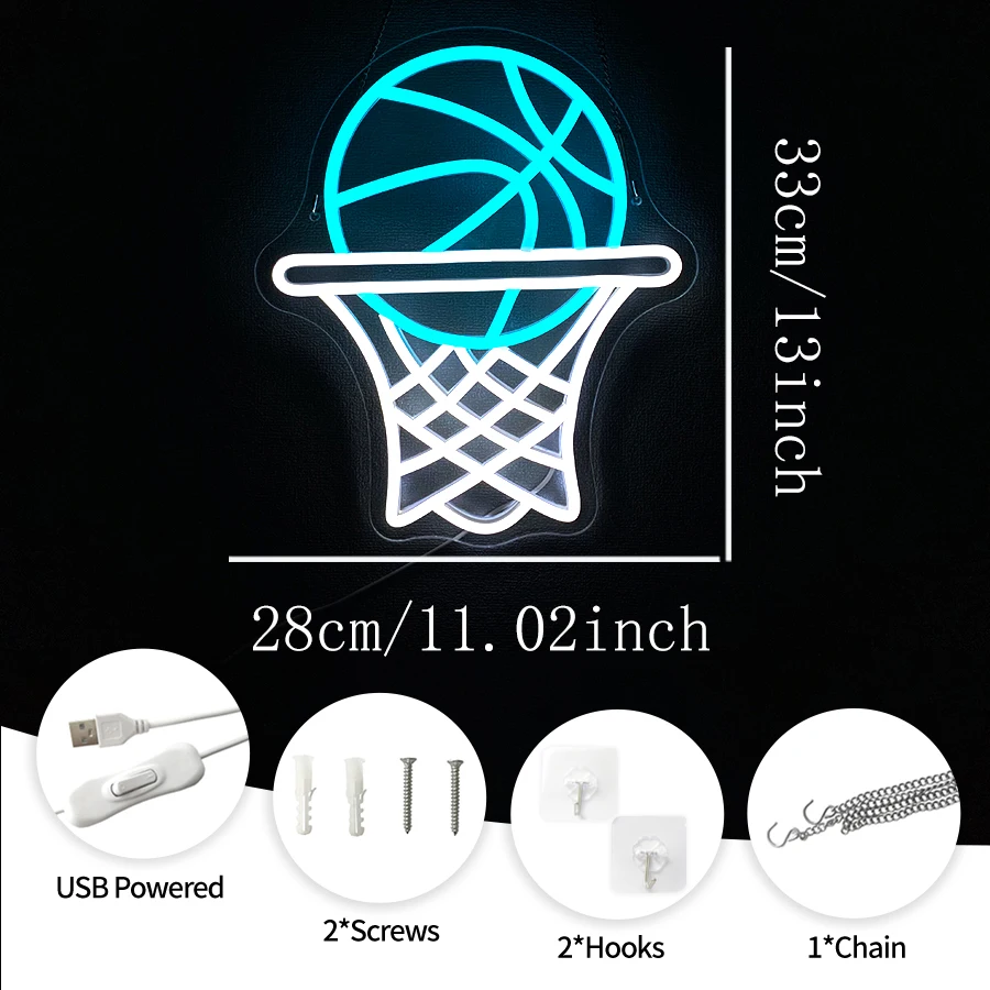 USB Powered Basketball Neon Sign, LED Neon Light for Boy Bedroom Nursery Home Wall Decoration, Personalized Basketball Gifts