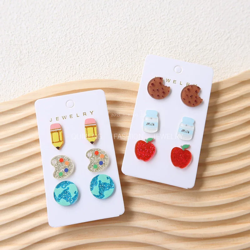 3Pairs/Set Pencil Apple Earth Drawing Board Acrylic Stud Earrings Teacher Earring Graduation Teacher's Day Jewelry