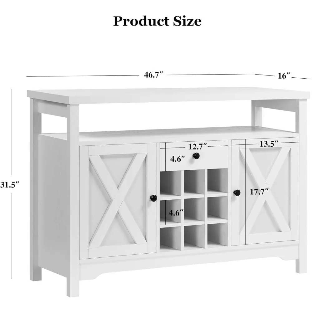 Coffee Bar Cabinet with Storage, 47” White Coffee Bar Station Cabinet, Farmhouse Coffee Bar Buffet Cabinet with Drawer