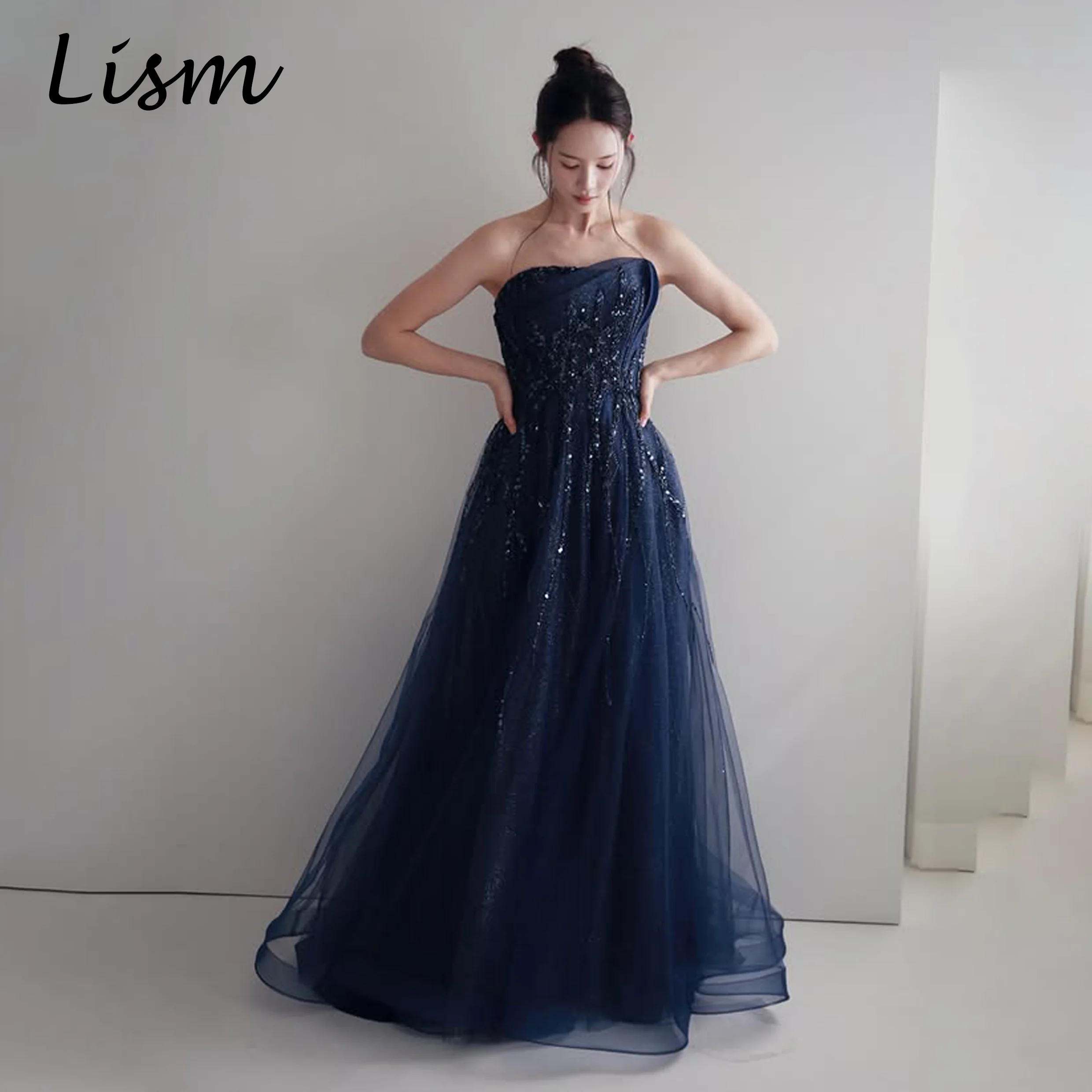 Vestidos de Noche Elegantes Largos hasta el Suelo, Corte A, Sin Mangas, Sin Tirantes, con Cuentas, Lism Graceful 2026, Personalizados