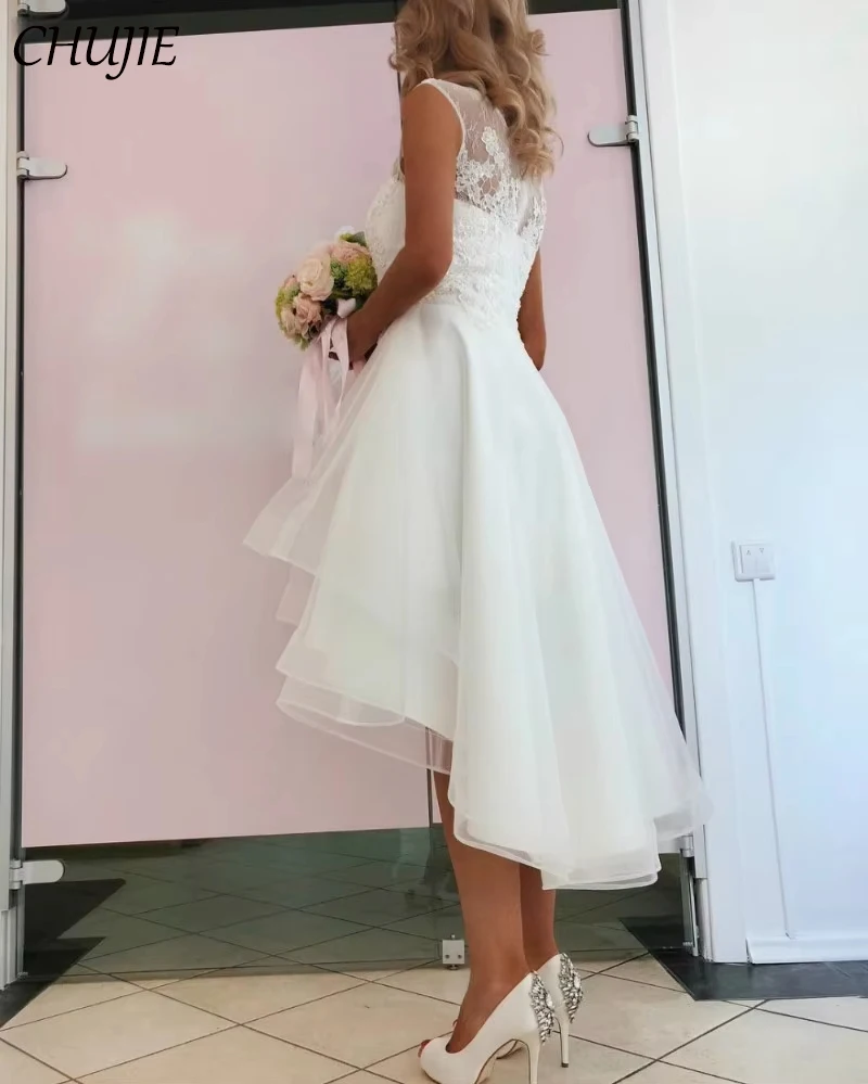 White Short Wedding Bride Dresses Beach Bohemian Boh Gowns Simple Lace Customized Short Appliques High Low Wedding Dress