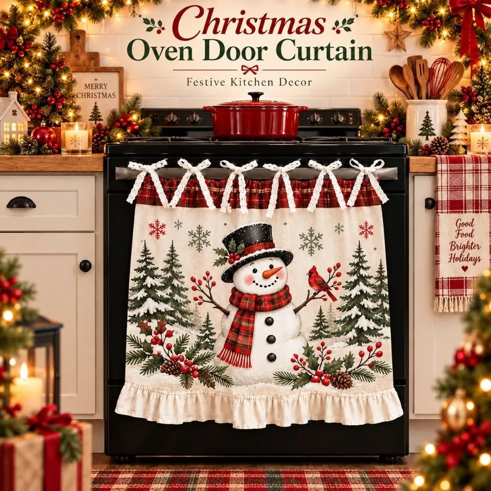 Pastoral Style Christmas Cabinet Curtain Farmhouse Ruffle Edge Kitchen Stove Cover Skirt Lightproof Rustic Stove Decor Valance