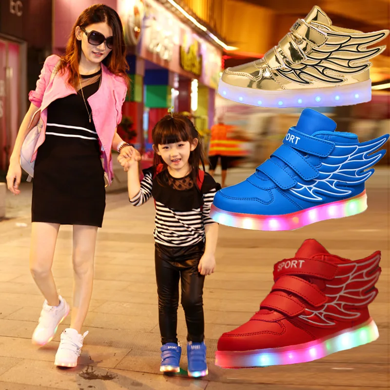 UncleJerry Children Glowing Shoes with wings for Boys and Girls LED Sneakers with fur inside Child Winter Shoes Christmas gift