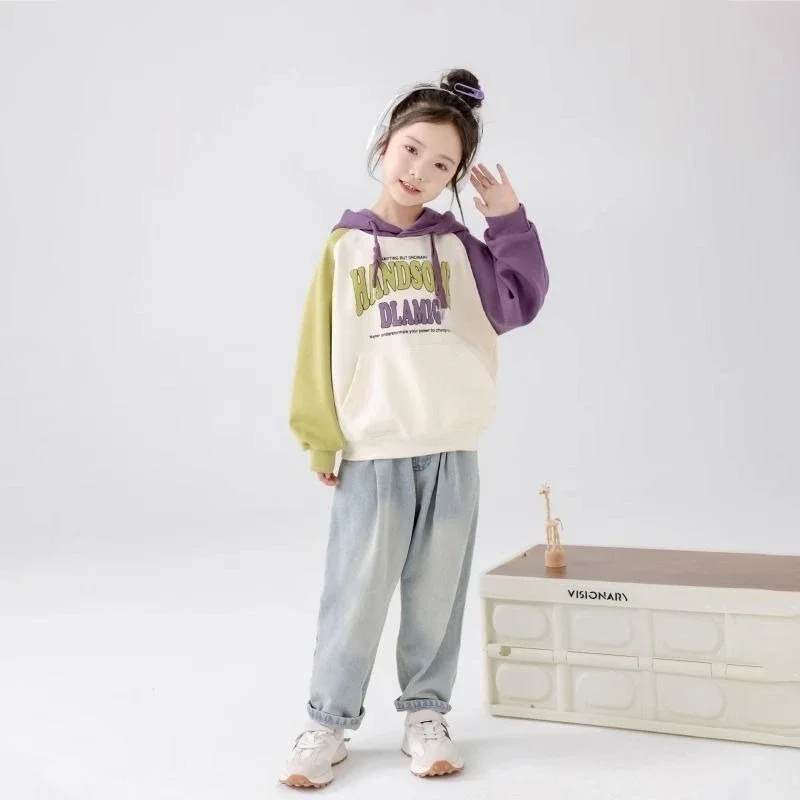 2026 New Girls Spring Hoodie Korean Loose Color Block Sweatshirt Casual Kids Outerwear Tops Clothes