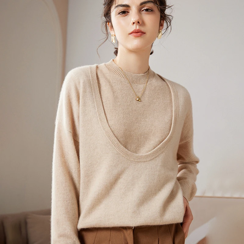 2024 Spring Autumn  New Women  Pullover 100% Goat Cashmere Sweater Knitted Jumper Female U-Neck Soft Warm Tops Women\'s Clothes