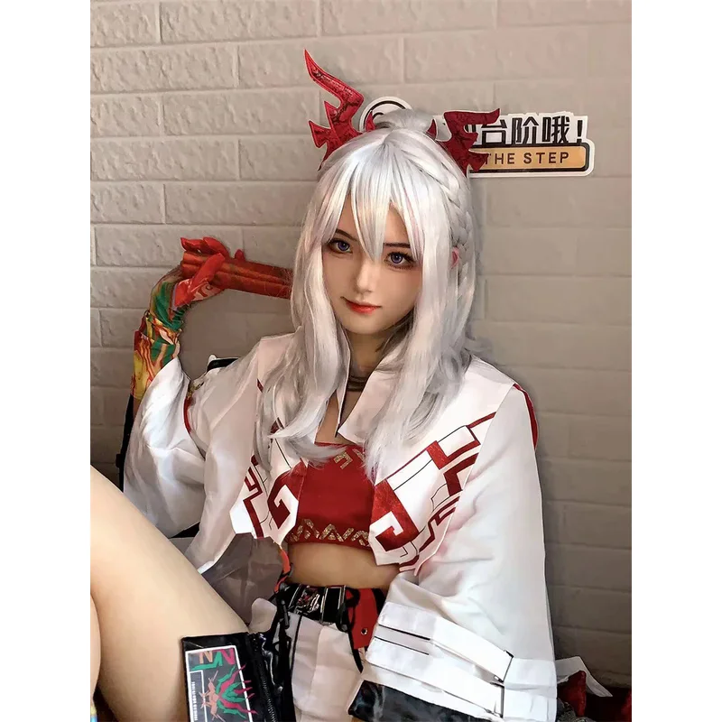 New Arknights Unfettered Freedom Nian Cosplay Wig White Grey Mixed Red High Temperature Fiber Hair Wig