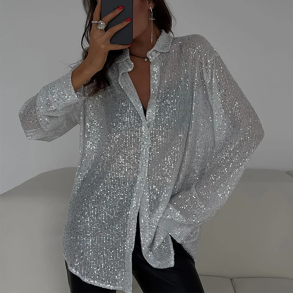 

Spring Summer Fashion Loose Sequin Shinny Shirts Tops Long Sleeve Single Breasted Bling Bling Club Party Women Blouse 2024 New