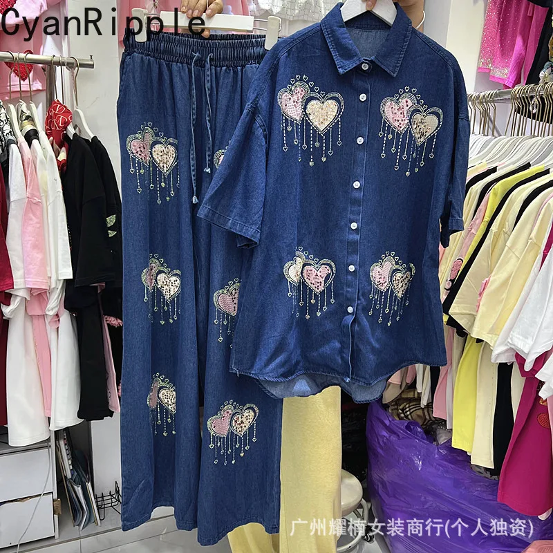 

Fashion Spring Summer Women Denim Sets Love Hot Diamonds Short Sleeve Cardigans Shirt + Elastic Waist Casual Straight Pants