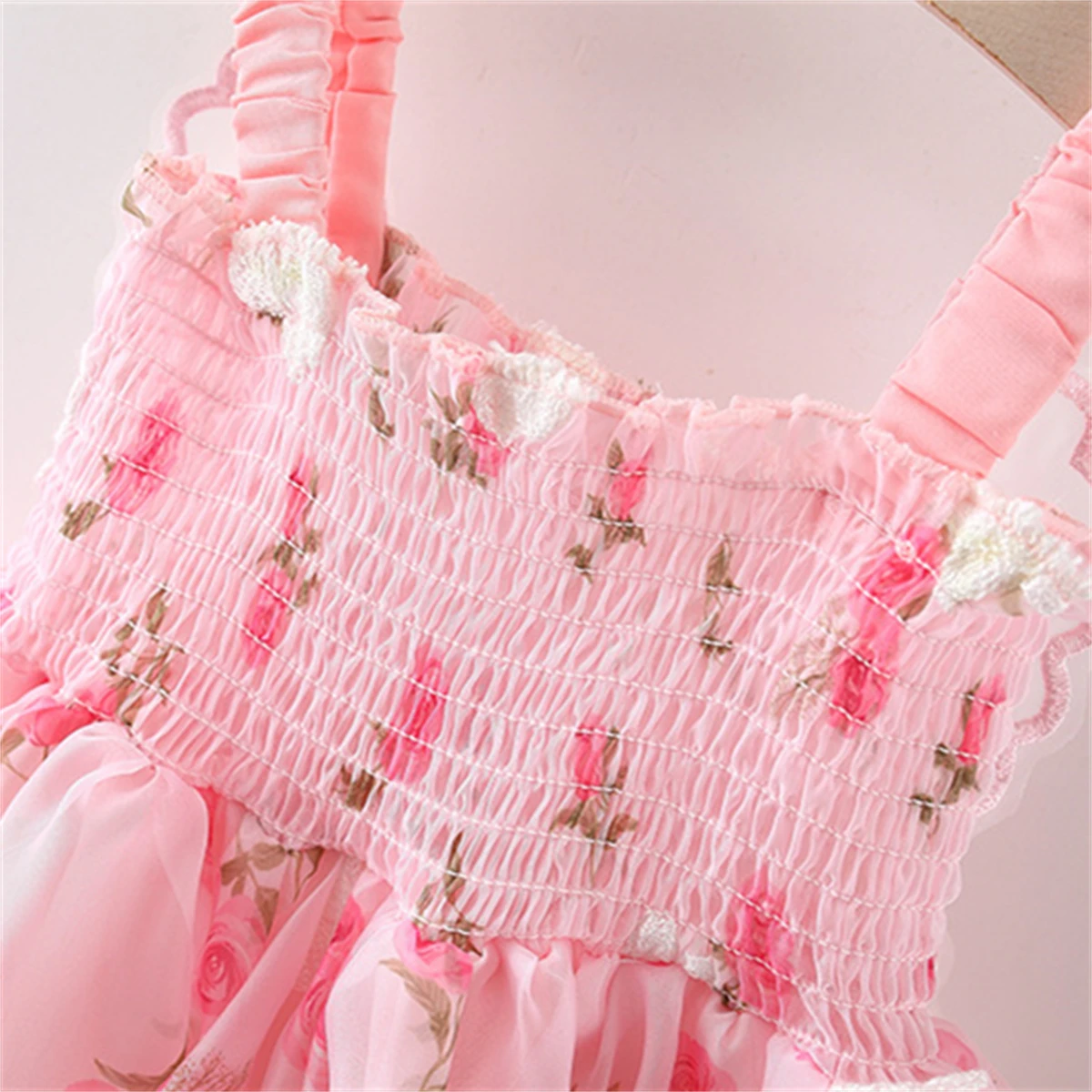 Summer beach baby girl dress with butterfly wings embroidery on the back rose print suspender princess dress