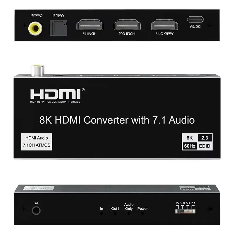 8K 60hz HDMI Video Converter Audio Extractor 4K 120Hz Support 7.1CH 5.1CH Digital Dolby Atmos Coaxial Optical 3.5mm L/R Audio