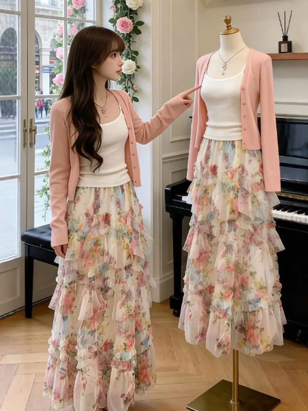 

Unique Floral Halter Neck Cardigan Skirt Set Three Piece Outfit Spring 2026 Comfortable Long Sleeve round Neck Button Closure