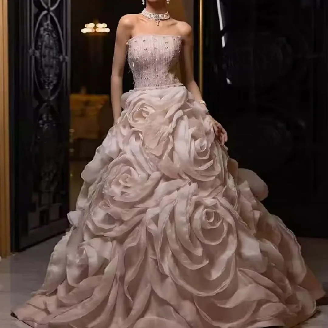 

Элегантное платье принцессы для выпускного вечера с цветами, вечернее платье, блестящее бальное платье без бретелек с бисером, свадебное платье, 2025 г., по индивидуальному заказу