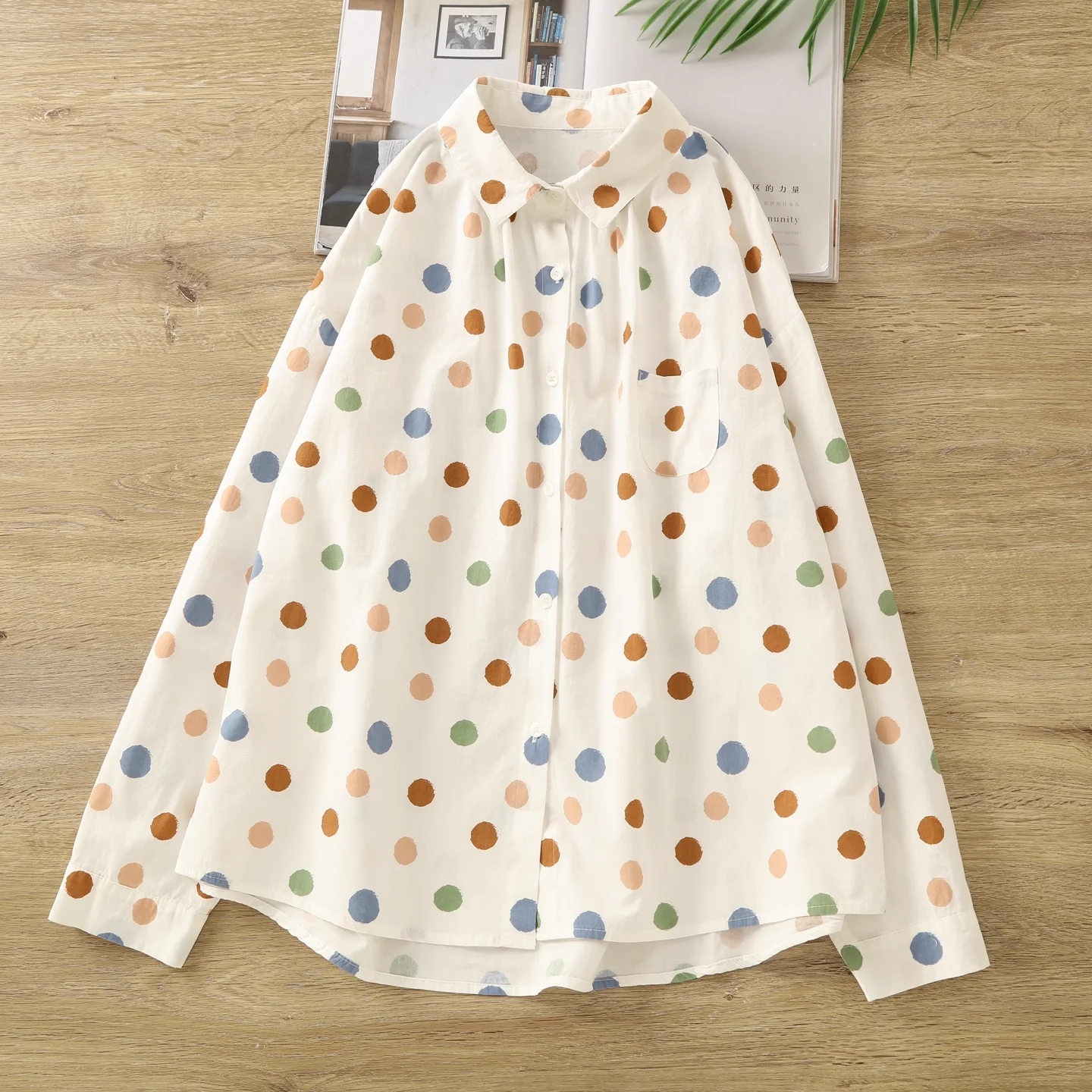Bust 114cm Pure Cotton Rainbow Polka Dot Print Oversized Shirts Long Sleeve Blouses for Women Classic Shirts Ladies Clothes