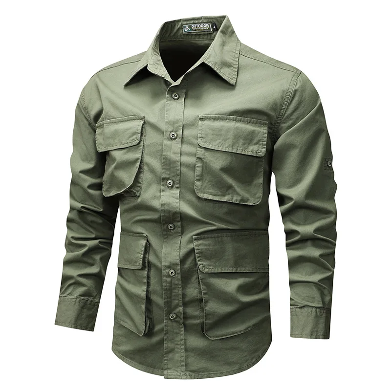 Men Long Sleeved Multi Pockets Cargo Shirts High Quality Man Outdoor Loose Tooling Shirts New Spring Male Cotton Shirts Size 5XL