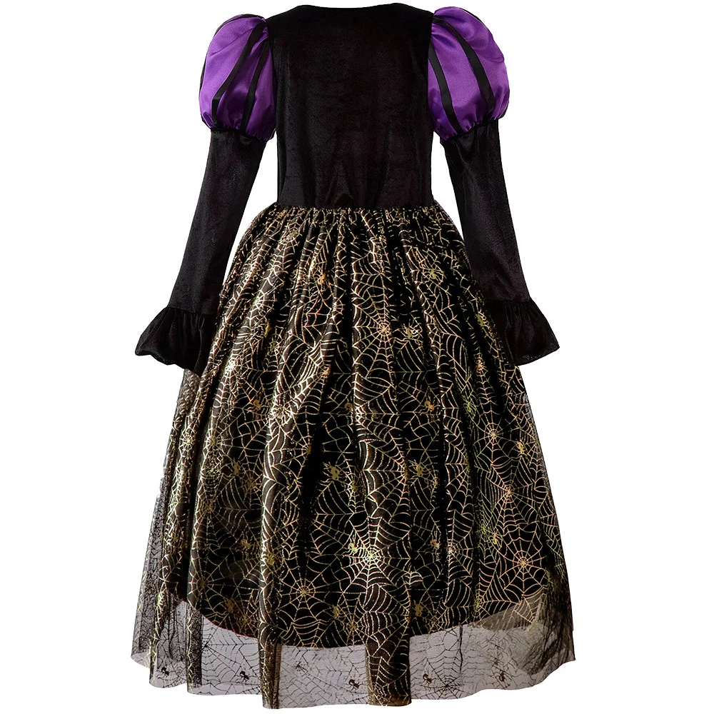 Halloween Carnival Party Dress for Girls Cosplay Witch Purple Puffy Long Sleeve Gold Spider Web Print Dress Accessories Suit