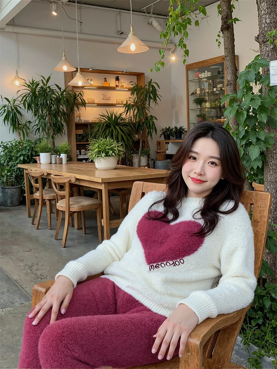 

Sweet Love Heart Pajama Sets Women Cotton Fabric Long Sleeve Autumn Winter Nightwear Indoor Suit Comfy Trendy Print Lady Girl