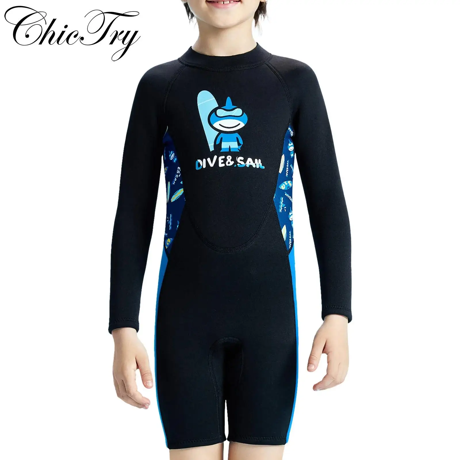 

Kids Boys Girls Swim Leotard 2.5mm Neoprene Wetsuit Printed Color Block Thigh Length Jumpsuit Long Sleeves Bodysuit Wet Suit