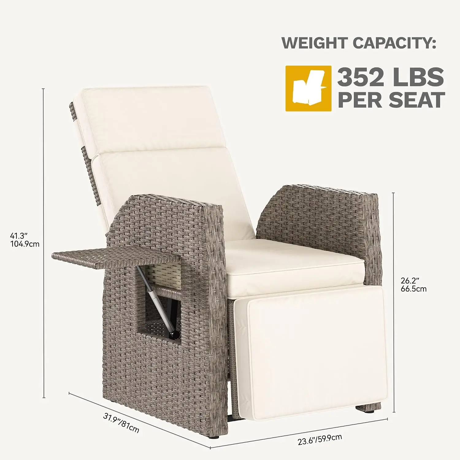 Outdoor Wicker Recliner Chair With One Hundred Fifty Degree Reclining Adjustable Footrest, Patio Lounge Seating With Integrated Flip Table Cushion For Deck Backyard Poolside Lawn, Beige