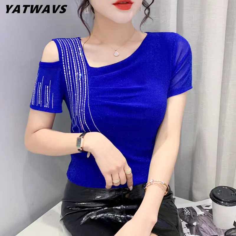 New European Clothes T-Shirt For Women Chic Sexy Skew Collar Shiny Diamonds Tops Classic Summer Female Short Sleeve Slim Tees