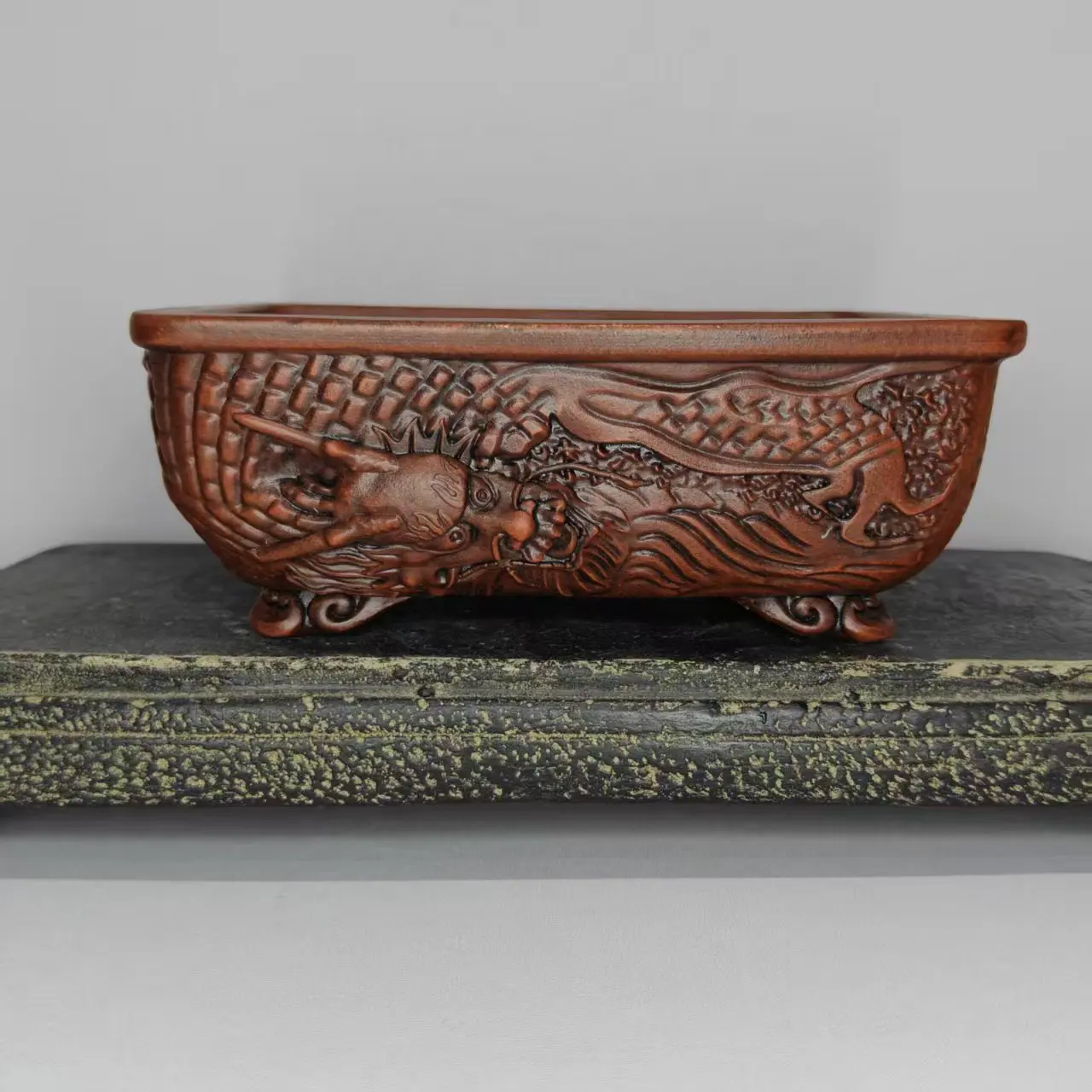 Hand craved High Quality Chinese Dragon Bonsai pot With Cloud feet