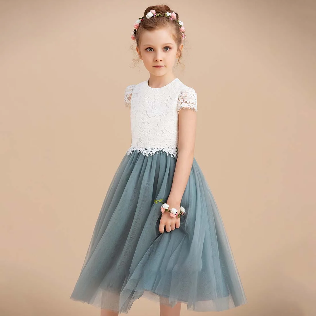 YZYmanualroom vestido de tul de encaje para niña de las flores, vestido de una línea de cuchara, largo de té, 2-15T